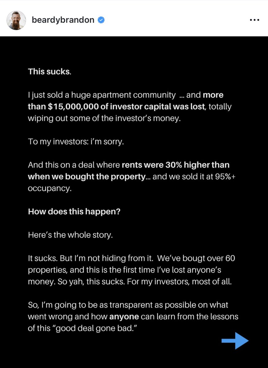 oscarcarlos's tweet photo. As someone who's raised capital and has been in this space for 15 years, here are my thoughts for what its worth.

When I read about this guy losing $15M  of investor capital, my first thought is "What went wrong? And is there actual real accountability or is this just a PR damage control post attempting to disguise itself as "accountability."

He starts by saying that he's not blaming the economy, they followed him as the leader, but yet spends the next 9 slides explaining how rates spiked, insurance spiked, taxes, hurricanes, cap rates all went up and he was forced to exit.

He then says that had he been able to secure a longer term loan when he bought it, he could have survived. As someone else commenting on this rightly pointed out, an investor that doesn't understand basic floating rate debt shouldn't be raising capital. As well as the discipline of walking away from any deal that he couldn't secure fixed debt on. 

Instead of asking himself what skill deficiency or what he overlooked as real accountability, he doesn't bring that up. 

What's ironic is he posts several days prior to this post on "sins" investors make about bad math and not doing their real due diligence. (pic #2). Clearly he didn't follow his own advice and forced the numbers to make sense. He specifically talks about rents will go up, repairs won't be that bad, vacancy and CapEx won't bite, which is exactly what he didn't account for. and thus lost his investors money. And he's selling a course on how not to do it.

Dude is in PR control more than actual personal accountability or self reflection.