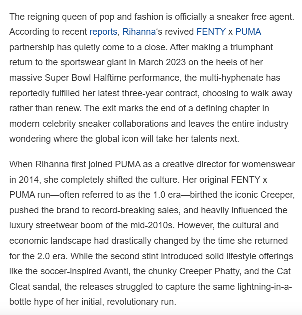 LoisSakany's tweet photo. Seeing that @HYPEBEAST, a company traded on the Hong Kong stock exchange, linked to BoF for my Rihanna/Puma scoop while simultaneously using AI to rewrite my analysis on how Puma x Fenty 1.0 and 2.0 differed. https://t.co/Ud4vCgvm0i