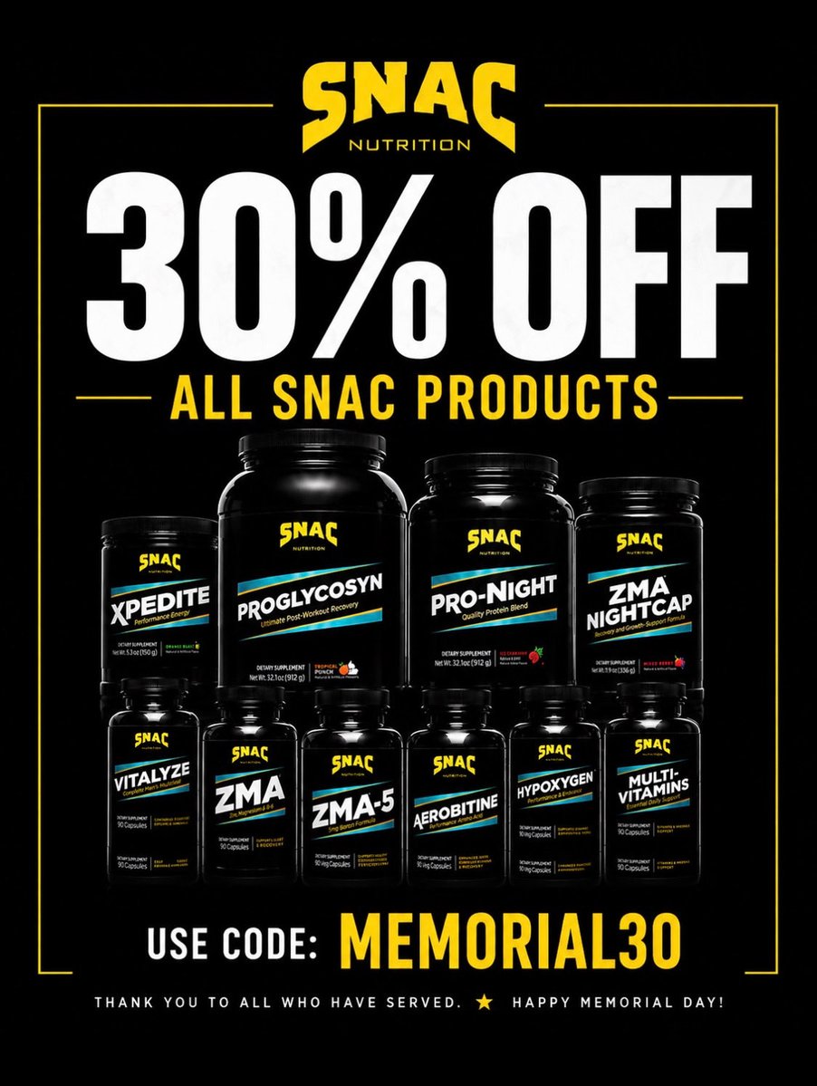 SNACsystem's tweet photo. 🇺🇸SNAC STRONG Memorial Day Sale🇺🇸

💥30% OFF ALL SNAC PRODUCTS #Howyalikeit💥

Use code MEMORIAL30 at checkout

Shop Top Nutrition NOW at https://t.co/EXLJby8lNc https://t.co/tMaM6PHaoj