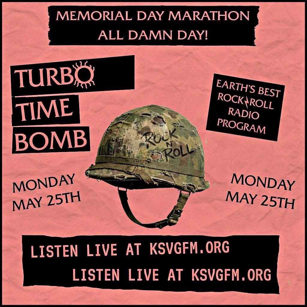 KSVGfmradio's tweet photo. Have a good Memorial Day Folks!
Don’t forget to tune in and listen to the Turbo Time Bomb marathon. 
We will be airing all of Johnnys past programs today, all day. Rock, Punk , Garage all day long. Guaranteed to hear something you never heard before!!
#turbonegro #turbojugend https://t.co/S5SrW7nEpR