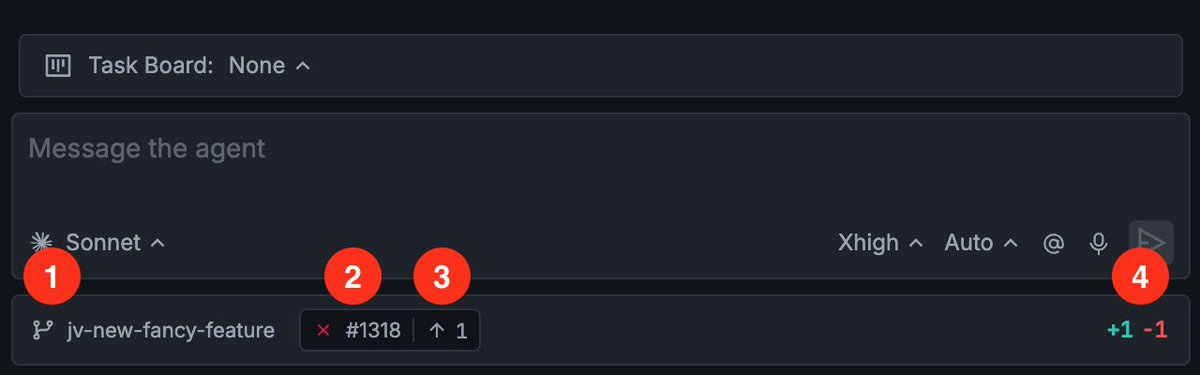 josevalim's tweet photo. We have wrapped up the Git integration bar in https://t.co/FK8F4URbVG. See the current branch (1), pull request status (failing CI, PR reviews) (2), unpushed commits (3), and the current diff from a glance (4).

Plus fix CI failures and reference pull request comments with the click of a button.🔥