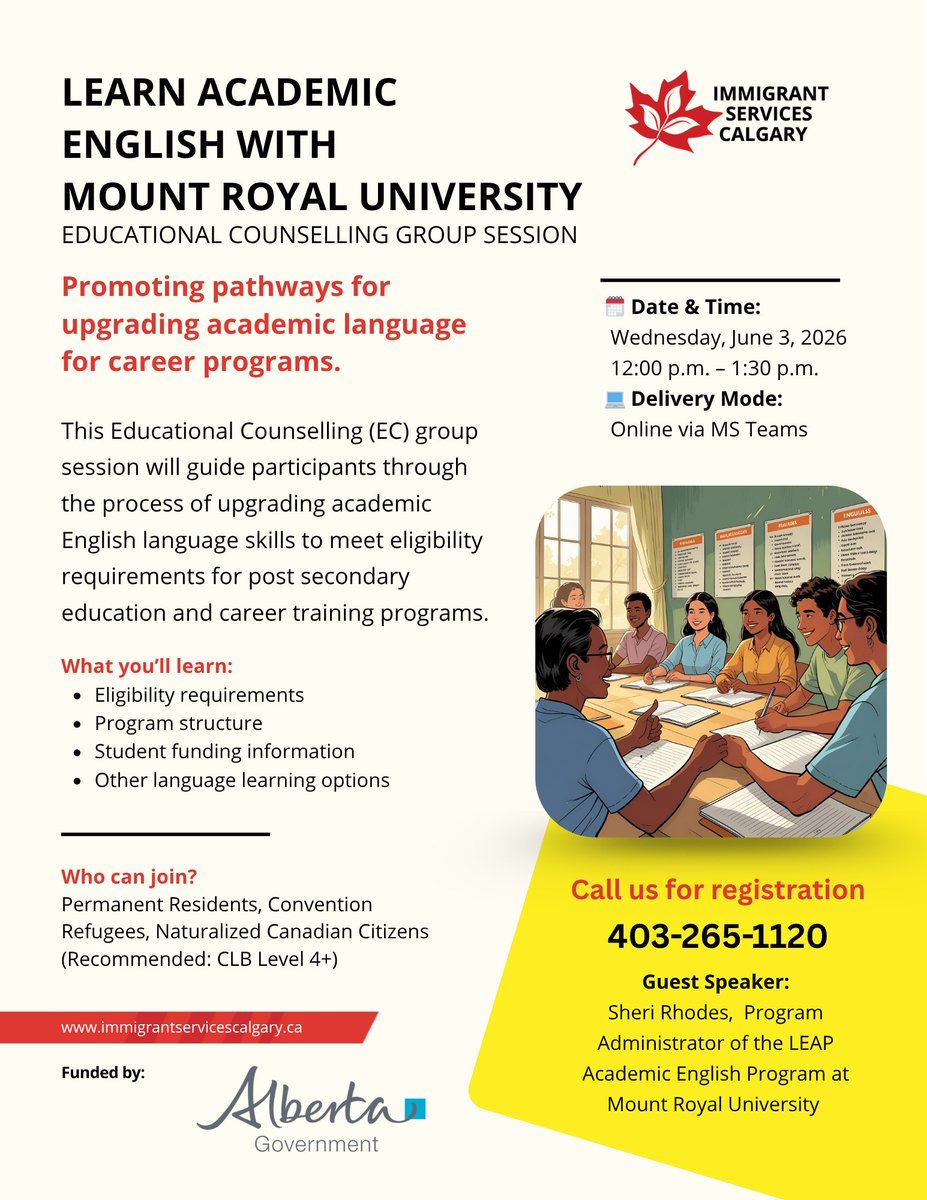 ISCyyc's tweet photo. 📚 Upgrade your academic English skills!

Join our online Educational Counselling session to learn about Mount Royal University’s LEAP Academic English Program and pathways to post-secondary education in Alberta.

🗓️ June 3, 2026 | 12–1:30 PM
💻 Online
📞 403-265-1120 https://t.co/ha41RadPZL