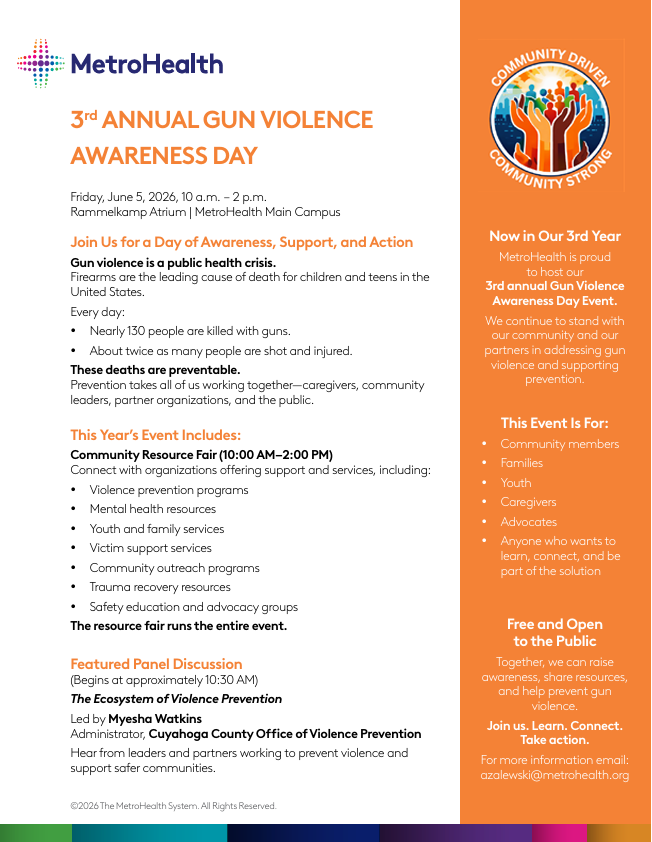 CuyahogaCounty's tweet photo. Join us June 5 for the 3rd Annual Gun Violence Awareness Day event with  @metrohealthCLE  Free for families, youth, advocates and community members. Together, we can build a safer, stronger Cuyahoga County. #WeAreCuyahoga https://t.co/E7MCGcnP1B