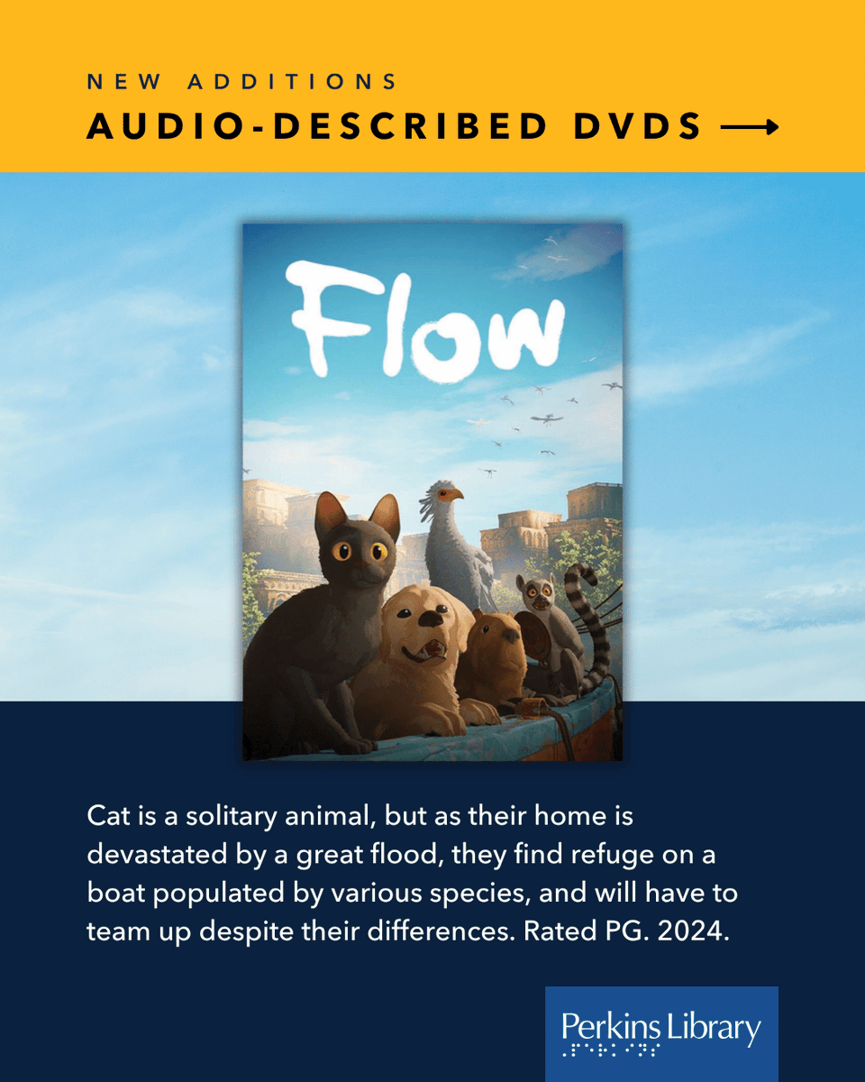 PerkinsLibrary's tweet photo. We offer an ever-growing collection of audio-described DVDs, specially formatted with an additional audio track that describes the action of the film. 🍿 Whether you're looking for superhero action, sci-fi hijinks, or animated fun, we've got something for you! https://t.co/puH9ifUOA0