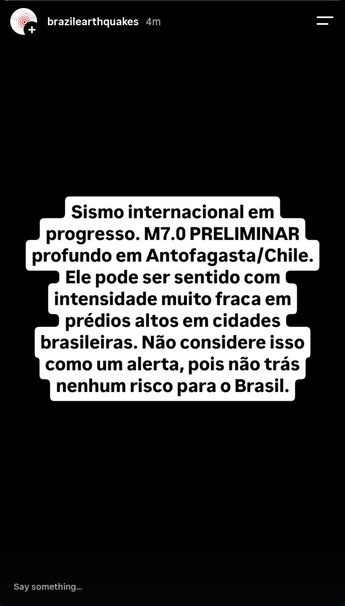 BrazilEQuakes's tweet photo. 🌎 O BrazilEarthquakes publicou no Instagram um aviso sobre o sismo profundo no Chile MINUTOS antes dos primeiros relatos de percepção surgirem em prédios altos de São Paulo.

Não se tratava de alerta, já que o evento não apresentava riscos para o Brasil.

#terremoto #tremor https://t.co/Ew7NMOGoMe