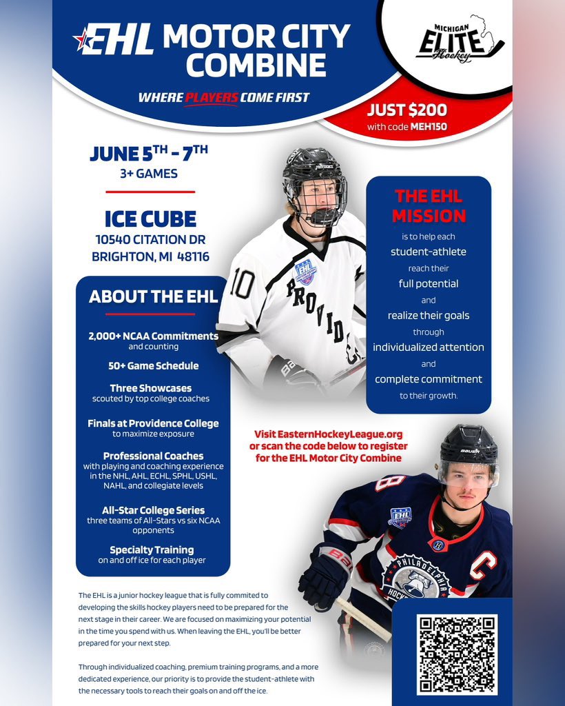 EHL_Hockey's tweet photo. 🚨 Calling all Michigan Elite Hockey players 🚨

Looking for an opportunity to get to the next level? Sign up for the EHL’s Motor City Combine and put yourself in the sights of coaches from a proven NCAA placement league, including the full staff from the defending champion Seahawks Hockey Club!

#WherePlayersComeFirst | #DevelopPromoteAdvance