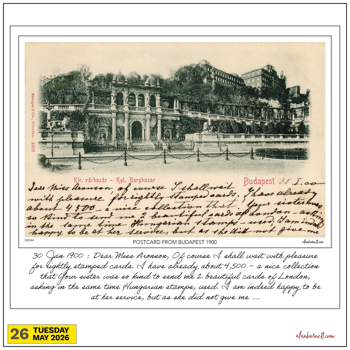 ABFixby's tweet photo. This postcard was sent from Budapest to North Wales 126 years ago, during the height of the early twentieth-century postcard-collecting boom. It dates from the period before the postcard backs were divided to accommodate both the address and the message, so any message had to be squeezed onto the front of the card. No problem - after a century and a quarter, the message becomes more interesting than the view.