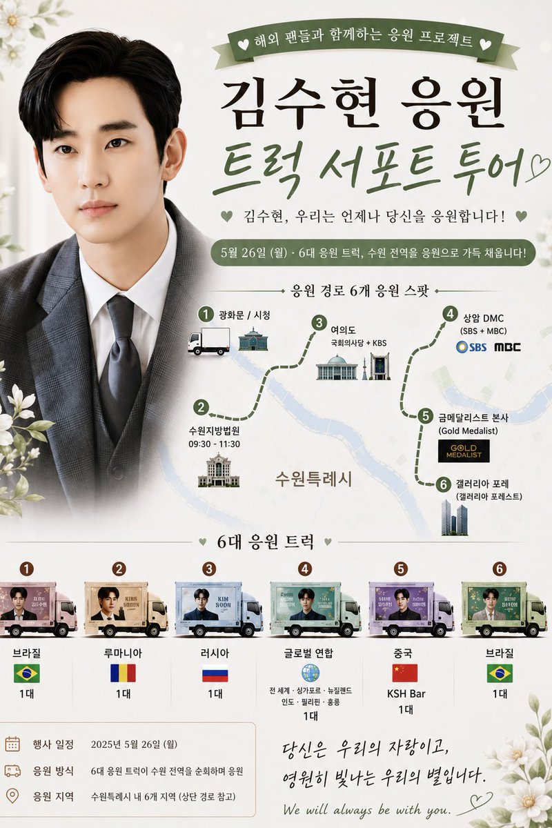 kristywxj's tweet photo. 오늘,해외 팬 연합이 준비한 6대의 응원 트럭과
KSH WE SUPPORT TEAM의 1대 응원 트럭이
전 세계 팬들의 김수현 배우를 향한 사랑과 응원을 담아서울 거리를 달립니다.💙

해외에 있든, 한국 현장에 있든
우리는 언제나 김수현 배우를 끝까지 지킬 것입니다.
#김수현 #kimsoohyun https://t.co/qGs6Sl8KSx