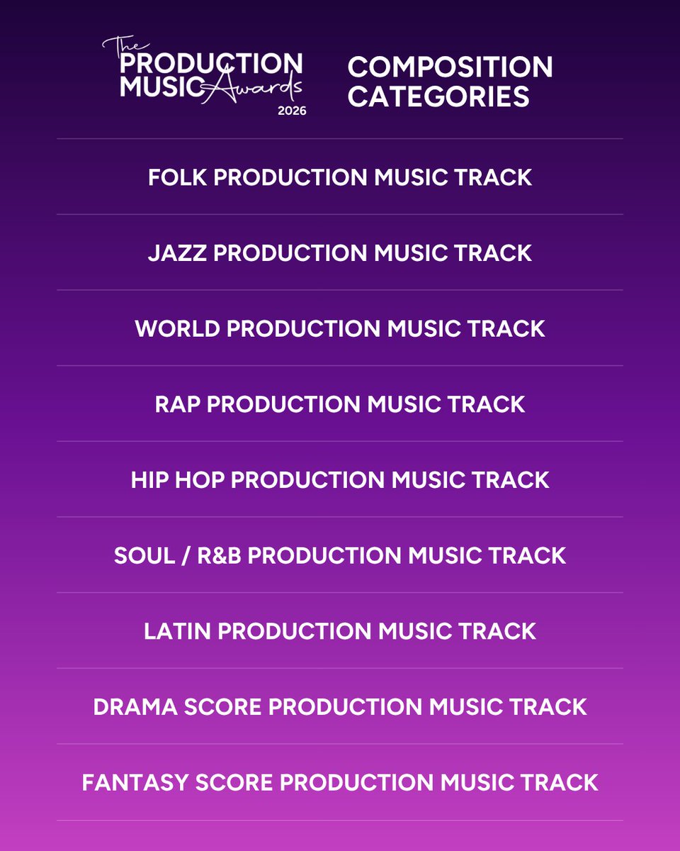 ProdMusAwards's tweet photo. 🚨🔥 Entries for the Production Music Awards 2026 are OPEN!

Composition Categories

Submit your best work by 5th July. Ready? Let's go. 🏆

🔗 https://t.co/QNwxkgNI8j

Huge thanks to our sponsors @PRSforMusic, @MCPSProdMusic &amp; @harvestmedia! 🤝

#ProductionMusicAwards https://t.co/JVagl2DuBl