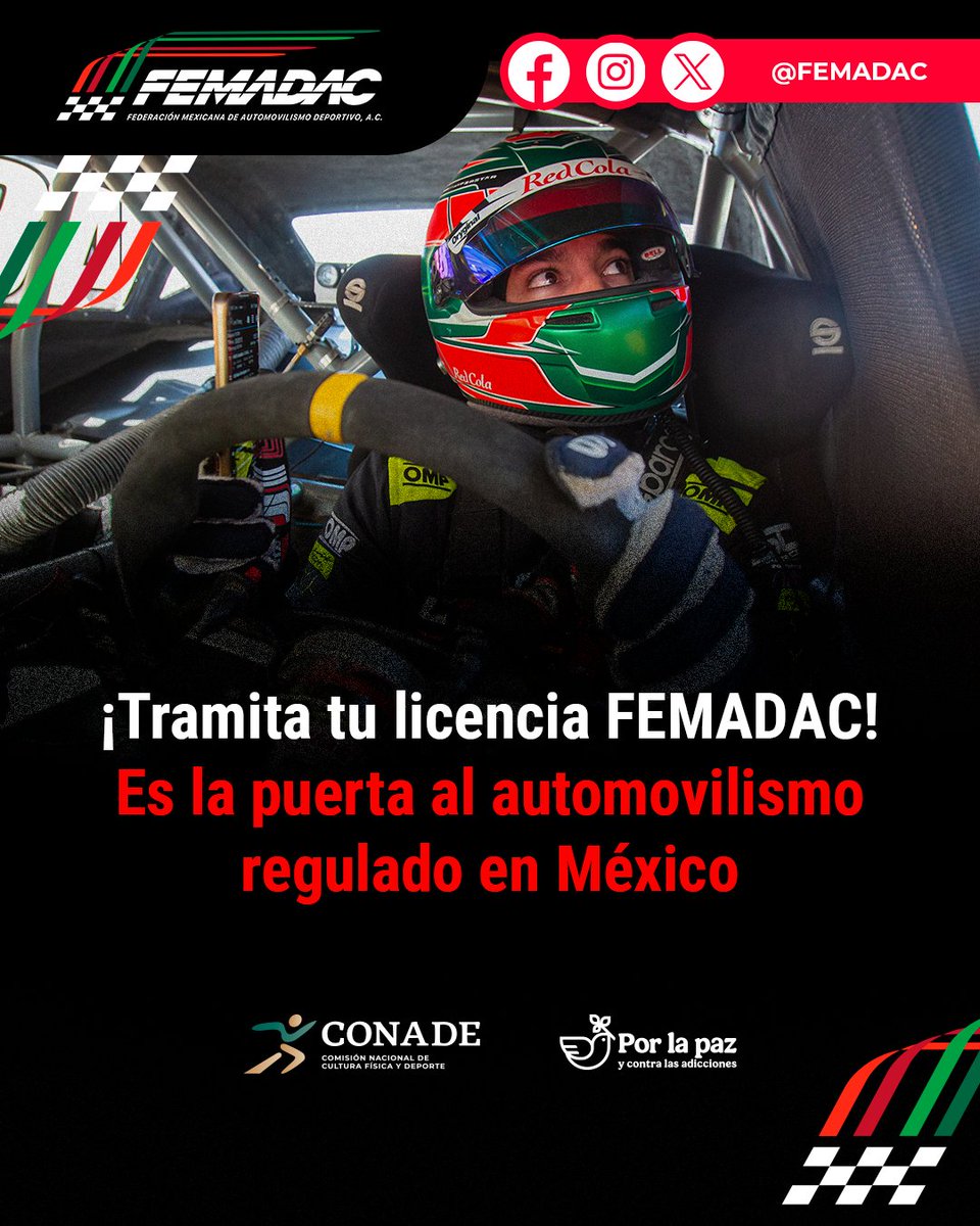 Femadac's tweet photo. ¡Tramita tu licencia FEMADAC! 🏁 La puerta de entrada al automovilismo regulado en México.

Para conocer más detalles sobre el trámite de tu licencia, escríbenos a:
📩 licencias@femadac.org.mx https://t.co/h90JPKJeKF