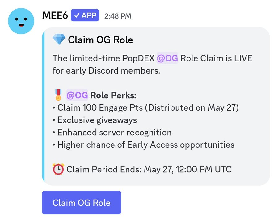 Victornguyen10x's tweet photo. Nhận Role OG giới hạn dự án PopDEX - Nhận ngay 100 điểm, dự án vừa gọi vốn $30M! 🚨🦅

Thêm một con hàng thuộc hệ Perp DEX cực khủng vừa lộ diện. PopDEX vừa chính thức công bố gọi vốn thành công $30 triệu dẫn đầu bởi quỹ Foresight Ventures.

Để chuẩn bị cho đợt Open Testnet sắp tới, dự án đang mở cổng nhận Role OG giới hạn thời gian trên Discord.

Quyền lợi từ Role OG:

Nhận ngay 100 Engage Points (điểm đổi thưởng/airdrop sau này).
Suất tham gia các chương trình Giveaway độc quyền.
Tăng tỷ lệ cao được cấp quyền Early Access trải nghiệm các tính năng xịn

Hướng dẫn húp nhanh (FREE, hạn chót 19:00 ngày 27/05/2026 giờ VN):

Bước 1: Truy cập Discord dự án: https://t.co/LJFx0ws8GH

Bước 2: Vào mục claim role sự kiện (OG role claim section).

Bước 3: Click “Claim OG Role” là xong.

PopDEX định vị là một sàn Perp tập trung chia sẻ doanh thu cho người đóng góp sớm (Trader-first). Dự án đang cày điểm rất gắt qua các hoạt động Discord, nên việc có cái Role OG lúc này sẽ giúp ae bứt tốc cực nhanh so với người đến sau nhé.