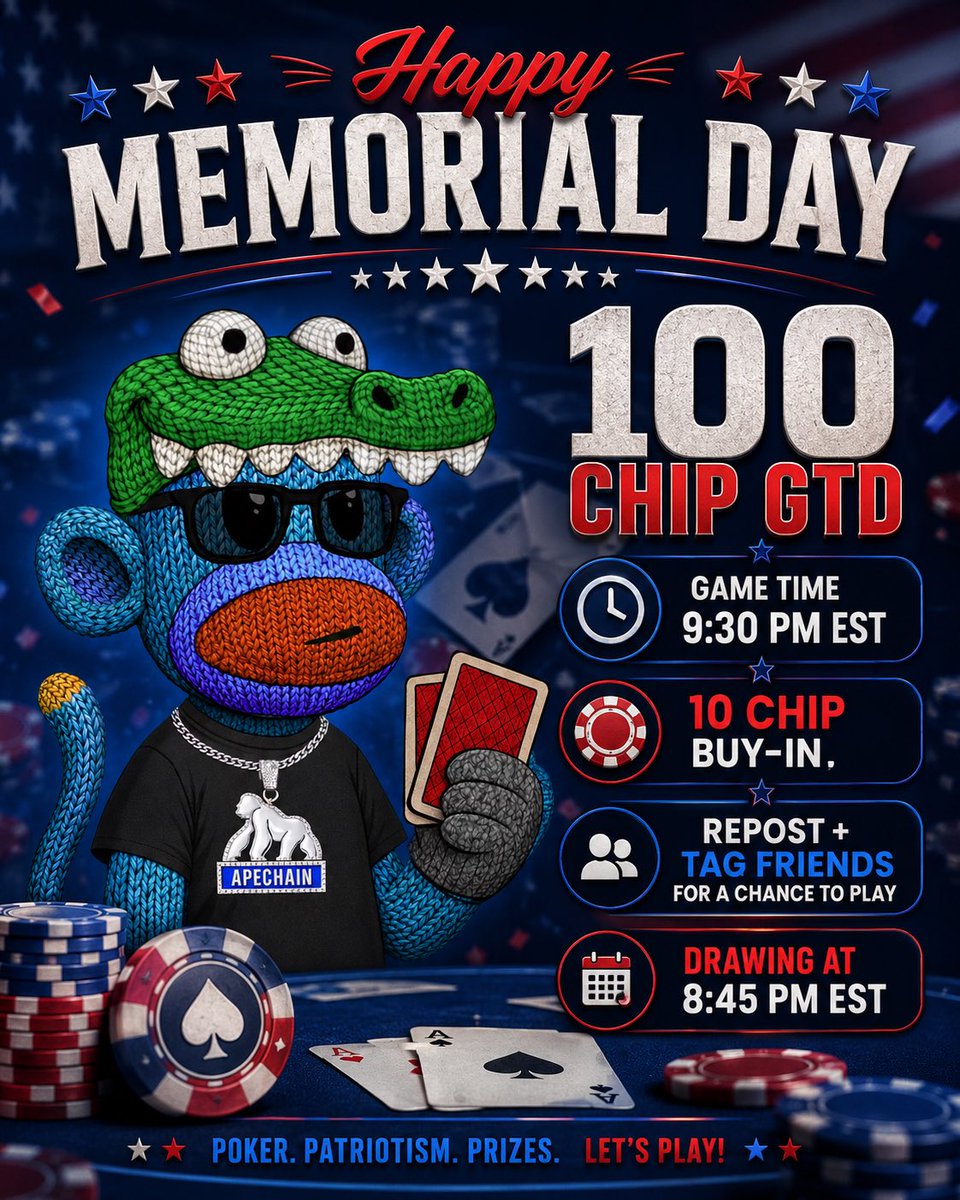 PlayFulPrimates's tweet photo. Happy Memorial Day 🇺🇸

Tonight we’re running a 100 CHIP GTD poker game for the gang

🕤 Game Time: 9:30 PM EST
💰 Buy-in: 10 Chips

Want a chance to play?
Repost + tag your friends below

🎟️ Drawing will be held at 8:45 PM EST

Community over everything.
See you on the felt. 🟢🃏 https://t.co/3R9jL6P9yt
