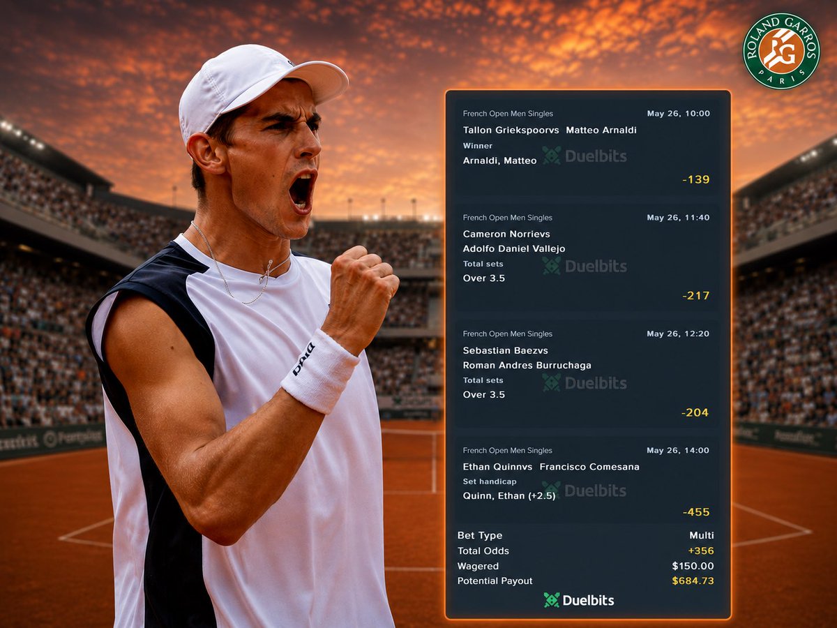 HaychBets's tweet photo. #RolandGarros Bankroll Builder

📊 • Odds: +355 
💵 • Stake: 0.5U

🇮🇹 Matteo Arnaldi ML +
🇺🇸 Ethan Quinn +2.5 Sets +
🇬🇧 Norrie/Vallejo O3.5 Sets +
🇦🇷 Baez/Burruchaga O3.5 Sets 

Placed On: @DuelbitsSports 

Hit 𝗟𝗜𝗞𝗘 - If You’re Tailing 🤞🍀 https://t.co/SUcBJePf24