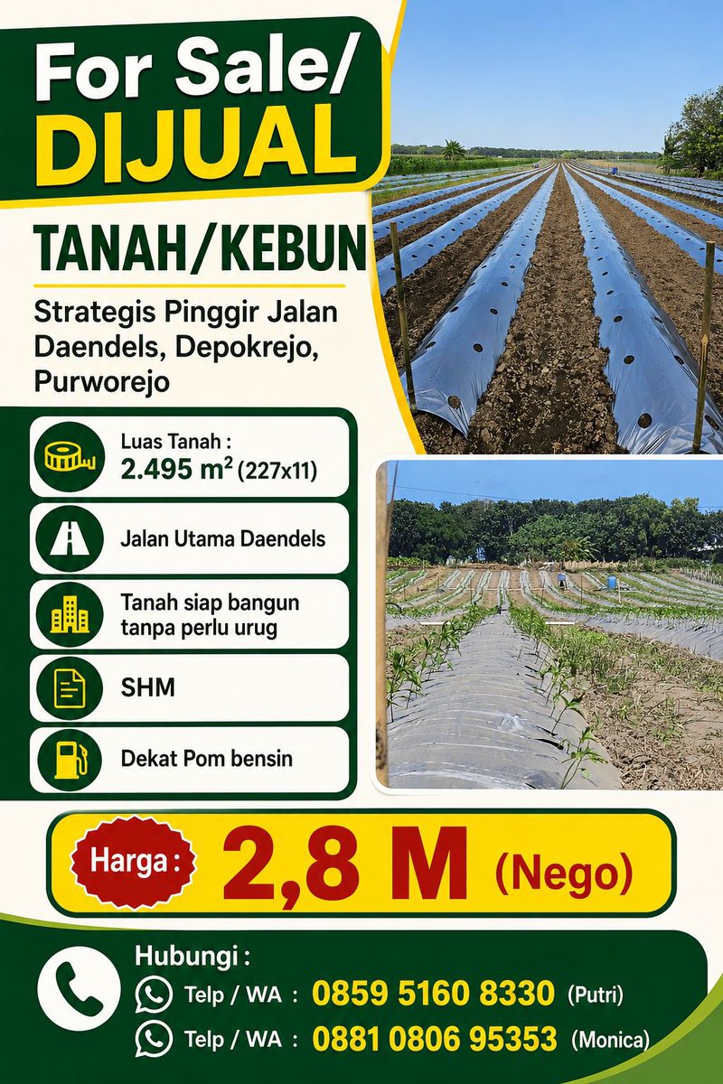 agalevien's tweet photo. Jual Tanah Strategis Pinggir Jalan Daendels, Depokrejo, Purworejo

📍Luas Tanah : 2.495 m2 (227x11)
🚸Jalan Utama Daendels
📄SHM
⛽️Dekat Pom Bensin
✈️ 20 menit dari YIA

📌Harga : 2,8 M (Nego)

☎️Hubungi :
Telp / WA : 0859 5160 8330 (Putri)
Telp / WA : 0881 0806 95353 (Monica) https://t.co/YgxaEjzneZ