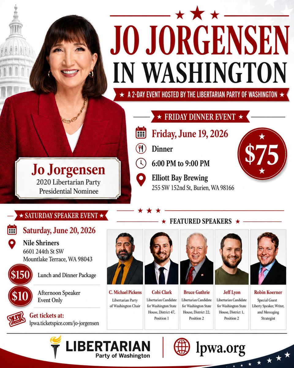 lpwa's tweet photo. Jo Jorgensen is coming to Washington for a special 2-day LPWA event, June 19–20!

Join us for dinner, lunch, speakers, a meet and greet, and time with liberty-minded people from across the state.

Featured speakers include Jo Jorgensen and candidates Cobi Clark, Bruce Guthrie, and Jeff Lyon. With special guest Robin Koerner.

Friday, June 19: Dinner in Burien at Elliott Bay Brewing, 6–9 PM.

Saturday, June 20: Lunch, speaking event, meet and greet, and evening dinner at Nile Shriners in Mountlake Terrace.

Tickets are available now:
https://t.co/NpzvulGfHv
Proceeds benefit the Libertarian Party of Washington.