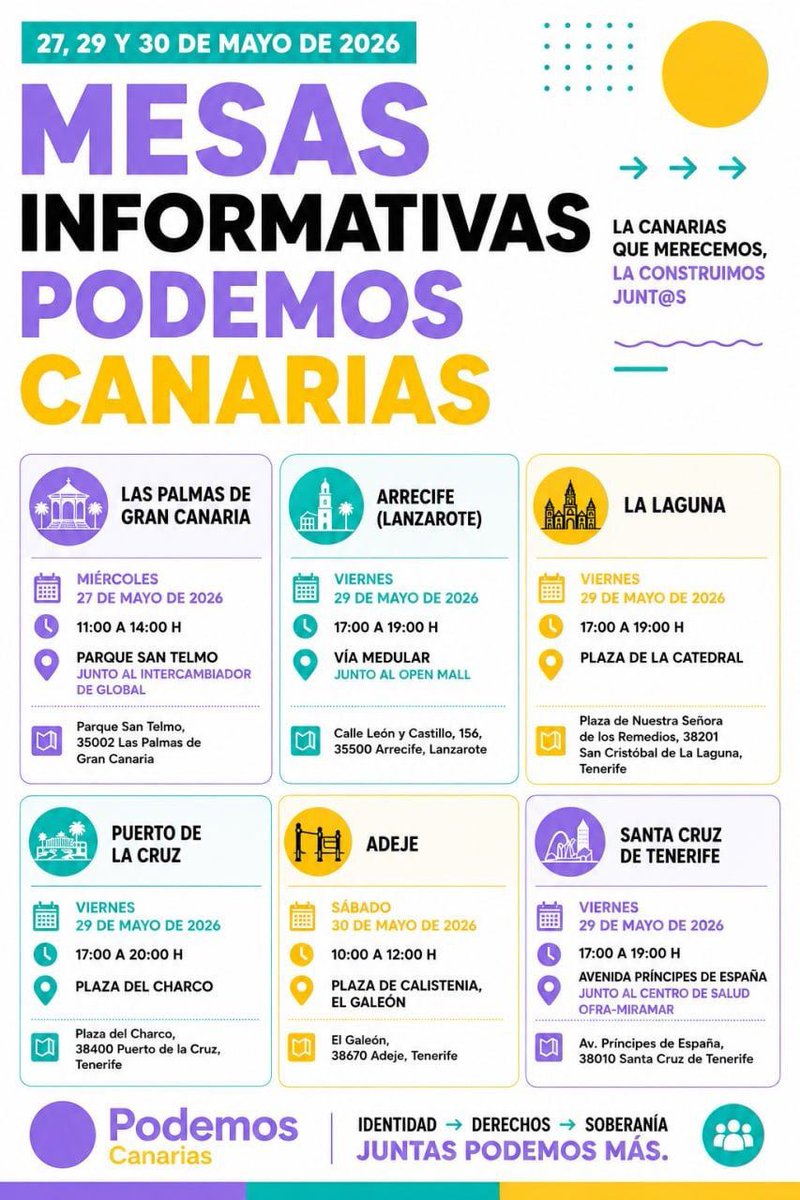 PodemosSCTFE's tweet photo. Por el día de Canarias, sacamos las mesas a la calle, para escuchar, para informar y para debatir en ambiente distendido y del tú a tú, la Canarias que merecemos, la Canarias que queremos construir para nosotros, para nuestras hijas, para nuestros padres 

💜🏝️🫂💬 https://t.co/QIKWWGOGKh