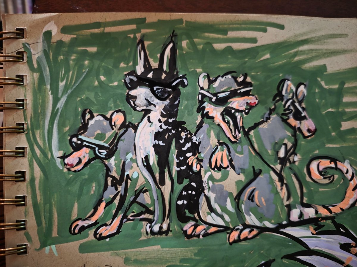 ClickClackCat's tweet photo. Going through old sketchbooks, filling in the pages and revising sketches I like. So let's represent that one time that my cat got out and joined a possum gang and the only proof of life I had was the crimes I caught on the ring camera. https://t.co/lsRpO802X2