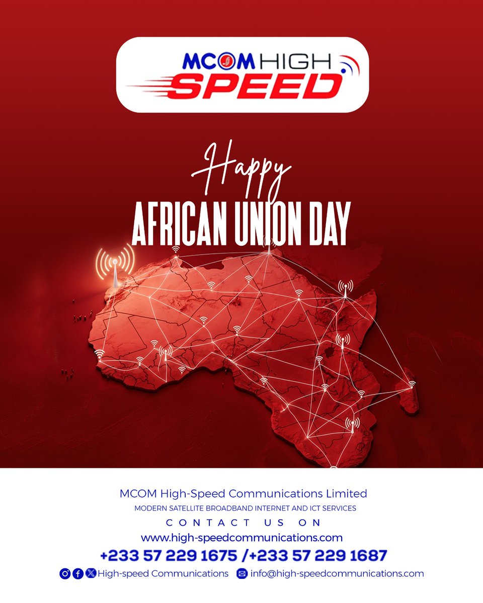 High_Speed_Coms's tweet photo. Connecting people. Empowering businesses. Uniting Africa through technology. 🌍💻⚡

This African Union Day, we celebrate a continent driven by innovation, digital transformation, and limitless possibilities.

At @High_Speed_Coms , we are proud to power connections. https://t.co/KNDEHo4dll