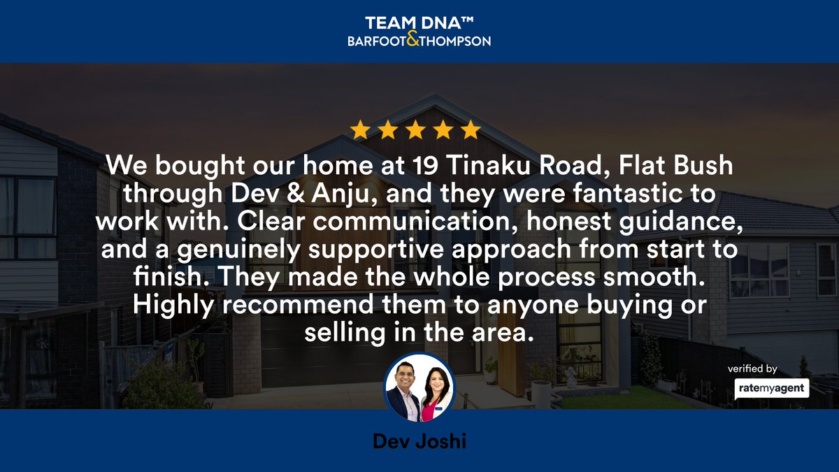DevJoshiNZ's tweet photo. Our latest review in Flat Bush.

TOP SALESPERSON &amp; TEAM in Flat Bush
TEAM DNA - Dev &amp; Anju, We are your #1 Choice! 
Award-Winning Real Estate Duo | South &amp; East Auckland Experts
Call us now 0224193400 / 0225889878
Licensed REAA 2008

#TEAMDNA...
https://t.co/QC7kf9xPDw https://t.co/WZAob8hBjA
