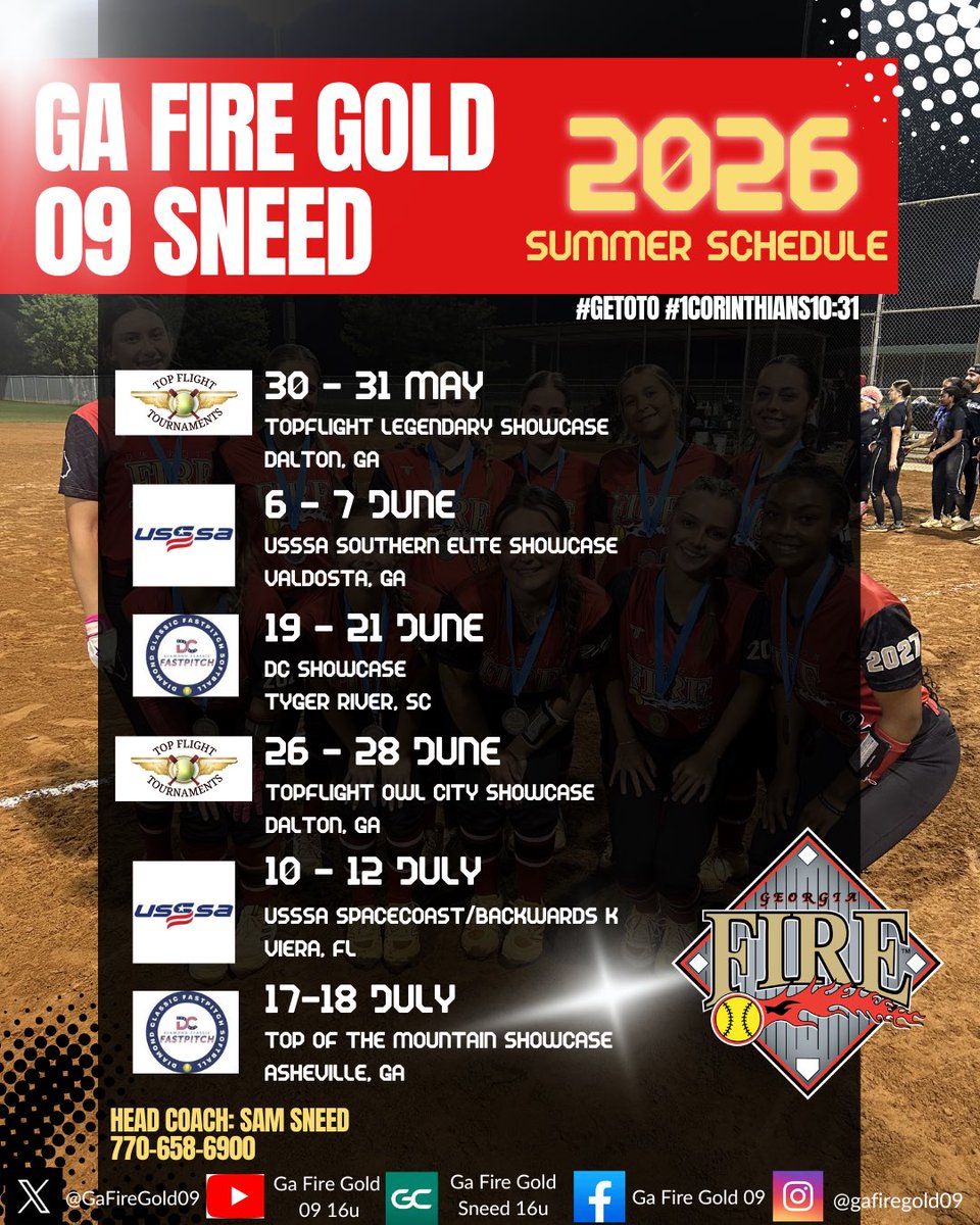GaFireGold09's tweet photo. It’s summer time! ☀️

Catch us all summer across the Southeast! OR on GameChanger and YouTube 🔥

#LetsGo #1Corinthians10:31 https://t.co/kYu8kbP50E