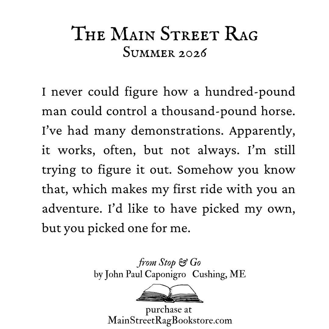 MainStreetRag's tweet photo. The Main Street Rag | Summer 2026 |
excerpt from "Stop &amp; Go" by John Paul Caponigro
Full poem in the issue: https://t.co/mEqfuEq46d https://t.co/N3oQ51JbnN
