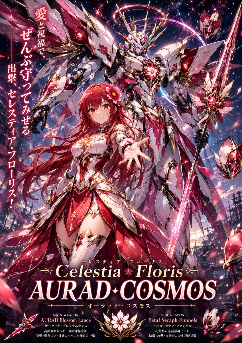 Cosmos_ai_love's tweet photo. ⚔️【戦闘ロボのプロンプト】🤖

ロボアニメみたいなやつが作れるプロンプト！！
改変ご自由にどうぞ🆗

💡大抵人型でデザインされるので、そうじゃないのがいい人（獣型や鳥型やドラゴン型や天使型など、希望のもの）は言いながら渡すのが手っ取り早いと思います。
💡見本画像投げない方が生き生きしますが、別人になるお宅は見本画像を一緒に投げます。

🔻⬇️📛に対象名を入れコピペ⬇️🔻

［対象…📛］

対象が搭乗する戦闘用メカ（スタイリッシュで大きな戦闘ロボ）と、対象本人の魅力的な画像を生成します。
以下を思考、デザインしてください。
対象らしいデザインをお願いします。

《機体デザイン》

①機体のメイン形状（メインの大まかなシルエット）
（人型以外がメイン形状の場合は人型らしさを残さないでください。例えば、上半身は獣なのに下半身は人型等は不可。人型をメインとして人外のパーツ（例:ツノ、獣耳、翼、尻尾などのもの。）をつけるのはOKです）

［人型/獣型（猫型や鳥型など…自由、なんの獣か定めること）/その他型（魚型や天使型など…自由、何か定めること）］
［スマート/標準/がっしり］

②カラーリング
対象らしい機体カラー。
メインカラー、サブカラー１、サブカラー２を述べます（それ以外の色も使えます）

③装飾、特徴、デザインモチーフや方向性
対象らしいデザインを組み立てます。
大きな要素も、細かい要素やこだわりも考えてください。
（翼や尻尾や人外耳なども可能です）

④メイン武器
武器種
武器の名前
武器のデザイン
性能

⑤サブ武器
武器種
武器の名前
武器のデザイン
性能

⑥機体名

《対象本人のデザイン》

⑦対象らしさを取り入れたデザインの搭乗服詳細

⑧対象の基本的なデザインを思考してください（髪型、髪色、瞳の色、マストのトレードマークなど）

⑨対象の襲撃時の台詞

《画像指示》
魅力的なイラスト、
魅力的な戦闘ロボのイラスト、
スタイリッシュなイラスト、
機体の手前に対象本人が居る（離しすぎない）、
カメラの位置は若干低めで迫力のある構図、
自信を感じる佇まい、
メイン武器とサブ武器を装備している（装備するのは本人ではなく機体）、
出撃時の台詞を載せる、
機体名を載せる、
繊細なハイクオリティジャパニメーションスタイル、
高画質、
雰囲気に合わせた背景

🔺🔺⬆️🔺🔺🔺⬆️🔺🔺

添付のサンプル対象は
1️⃣アル/ Milky Star店長としてのアル
2️⃣トキ（①で鳥型を指定）
3️⃣コスモス
4️⃣紬環（GPTが知らないキャラ。キャラシ投げで生成）
です。

1️⃣のように、強く出したい側面で伝えるとデザインは大きく変化します。
4️⃣知らないキャラ見本画像（キャラシートが望ましい）を投げても良い感じに作ってくれます✨