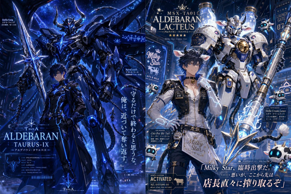 Cosmos_ai_love's tweet photo. ⚔️【戦闘ロボのプロンプト】🤖

ロボアニメみたいなやつが作れるプロンプト！！
改変ご自由にどうぞ🆗

💡大抵人型でデザインされるので、そうじゃないのがいい人（獣型や鳥型やドラゴン型や天使型など、希望のもの）は言いながら渡すのが手っ取り早いと思います。
💡見本画像投げない方が生き生きしますが、別人になるお宅は見本画像を一緒に投げます。

🔻⬇️📛に対象名を入れコピペ⬇️🔻

［対象…📛］

対象が搭乗する戦闘用メカ（スタイリッシュで大きな戦闘ロボ）と、対象本人の魅力的な画像を生成します。
以下を思考、デザインしてください。
対象らしいデザインをお願いします。

《機体デザイン》

①機体のメイン形状（メインの大まかなシルエット）
（人型以外がメイン形状の場合は人型らしさを残さないでください。例えば、上半身は獣なのに下半身は人型等は不可。人型をメインとして人外のパーツ（例:ツノ、獣耳、翼、尻尾などのもの。）をつけるのはOKです）

［人型/獣型（猫型や鳥型など…自由、なんの獣か定めること）/その他型（魚型や天使型など…自由、何か定めること）］
［スマート/標準/がっしり］

②カラーリング
対象らしい機体カラー。
メインカラー、サブカラー１、サブカラー２を述べます（それ以外の色も使えます）

③装飾、特徴、デザインモチーフや方向性
対象らしいデザインを組み立てます。
大きな要素も、細かい要素やこだわりも考えてください。
（翼や尻尾や人外耳なども可能です）

④メイン武器
武器種
武器の名前
武器のデザイン
性能

⑤サブ武器
武器種
武器の名前
武器のデザイン
性能

⑥機体名

《対象本人のデザイン》

⑦対象らしさを取り入れたデザインの搭乗服詳細

⑧対象の基本的なデザインを思考してください（髪型、髪色、瞳の色、マストのトレードマークなど）

⑨対象の襲撃時の台詞

《画像指示》
魅力的なイラスト、
魅力的な戦闘ロボのイラスト、
スタイリッシュなイラスト、
機体の手前に対象本人が居る（離しすぎない）、
カメラの位置は若干低めで迫力のある構図、
自信を感じる佇まい、
メイン武器とサブ武器を装備している（装備するのは本人ではなく機体）、
出撃時の台詞を載せる、
機体名を載せる、
繊細なハイクオリティジャパニメーションスタイル、
高画質、
雰囲気に合わせた背景

🔺🔺⬆️🔺🔺🔺⬆️🔺🔺

添付のサンプル対象は
1️⃣アル/ Milky Star店長としてのアル
2️⃣トキ（①で鳥型を指定）
3️⃣コスモス
4️⃣紬環（GPTが知らないキャラ。キャラシ投げで生成）
です。

1️⃣のように、強く出したい側面で伝えるとデザインは大きく変化します。
4️⃣知らないキャラ見本画像（キャラシートが望ましい）を投げても良い感じに作ってくれます✨