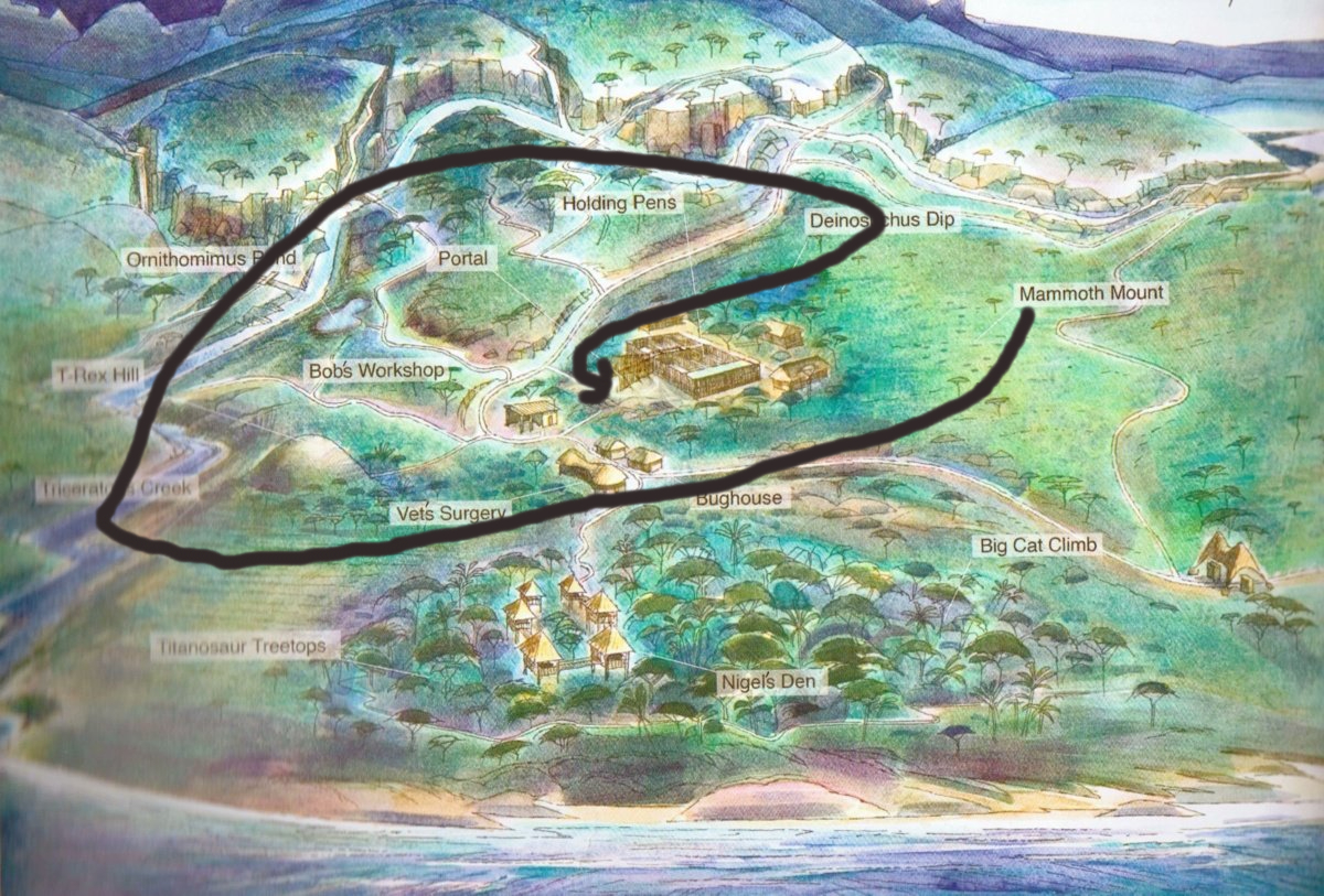 ZainAhmustafa's tweet photo. The map makes the chase scene in Supercroc unintentionally funny because it implied Nigel chode to run in a weird spiral path across half the park rather then immidately bolt for the holding pens and somehow Matilda chose to chase him that long. https://t.co/VzIB0cSKYg