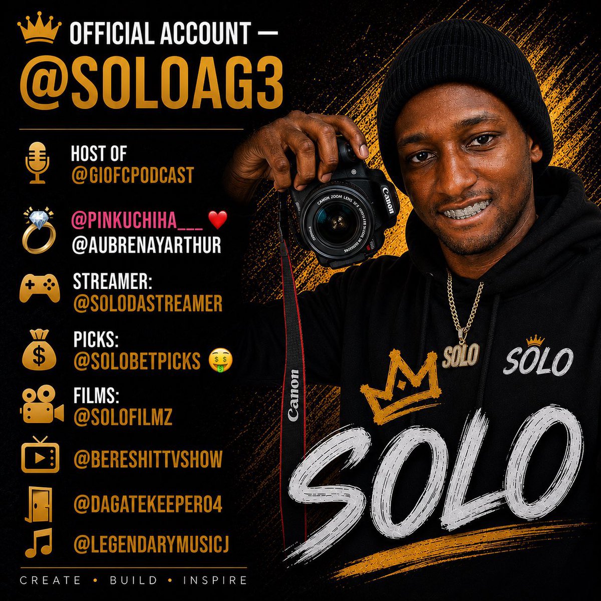 SoloAG3's tweet photo. 👑 Official Account — @SoloAG3
🎙️ Host of @GIOYCPodcast 🎙️ 
💍 @PinkUchiha__ 💝 @AubrenayArthur 
🎮 Streamer: @SoloDaStreamer
💰 Picks: @SoloBetPicks 🤑
🎥 Films: @SoloFilmz
📺 @BereshitTVShow
🚪 @DaGateKeeper04
🎵 @LegendarymusicJ  More To Coming 🤫 #Solo🚶🏽‍♂️ https://t.co/5dIxbTJ2nM
