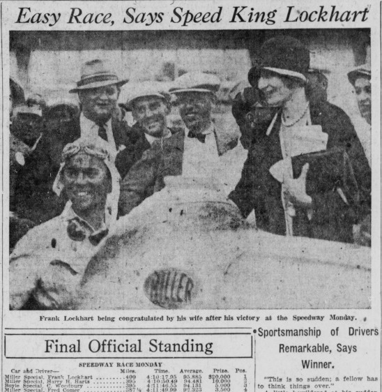 LiterateIndy's tweet photo. May 1926.

The 1926 Indianapolis 500 was Frank Lockhart's first race. He died two years later trying to set a new land speed record at Daytona Beach. His wife Ella (pictured below) lived until the age of 101 in 2001 and is buried with him.

#ThisIsMay https://t.co/pIsngXnrV8