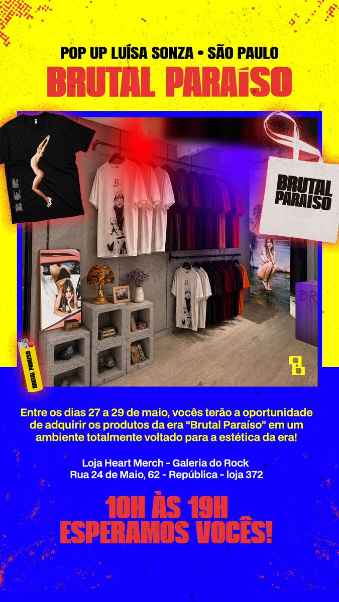 fifisdabraba's tweet photo. LUÍSA SONZA ANUNCIOU QUE NOS DIAS 27, 28 e 29 DE MAIO HAVERÁ UMA LOJA DA HEART MERCH COM OS ITENS DA ERA BRUTAL PARAÍSO.

ENDEREÇO: Rua 24 de Maio, 62 - Galeria do Rock - República - Loja 372😍 https://t.co/g5SWjXqLds