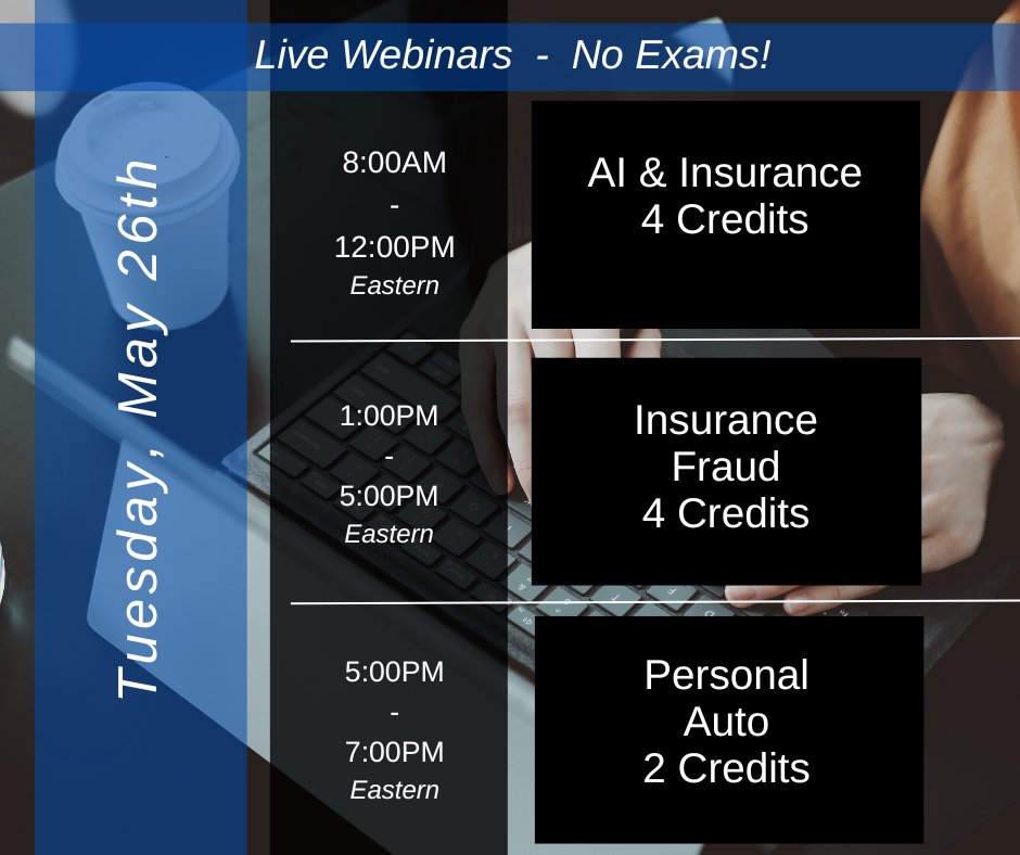 EITINS's tweet photo. Tuesday’s LIVE CE webinars:

🤖 AI &amp; Insurance — 8AM ET
🛡️ Insurance Fraud — 1PM ET
🚗 Personal Auto — 5PM ET

✔️ No Exams
Register now👉 https://t.co/GTJKMjh2HK https://t.co/BALuSJcACy