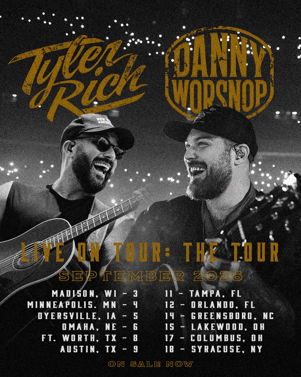 TylerRichMusic's tweet photo. …and we are BACK this September!! @dannyworsnop and I will be hitting your beautiful cities on the “Live On Tour: The Tour” tour.
Yep.
That’s what’s it’s called.
because well… it will be live on tour and it is a tour.
Simple math. 

Tix and VIP on sale now! https://t.co/Ukyw6gxyPw