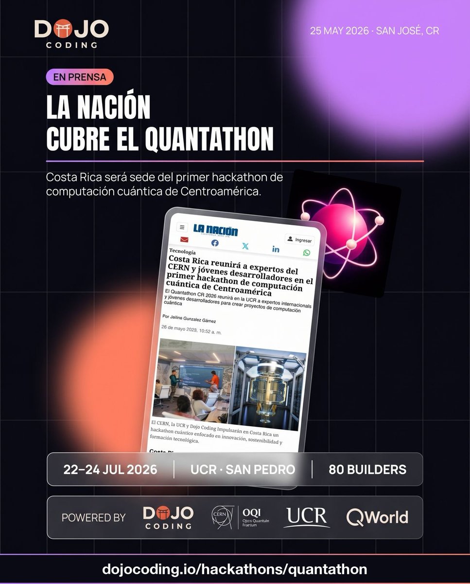 Dojo_Coding's tweet photo. Quantathon CR 2026 está en La Nación.

Primer hackathon de computación cuántica de Centroamérica. Con OQI, UCR y QWorld.

22-24 Julio · UCR · 80 cupos

https://t.co/GGHlSAwmTl https://t.co/WfrZukCZVo