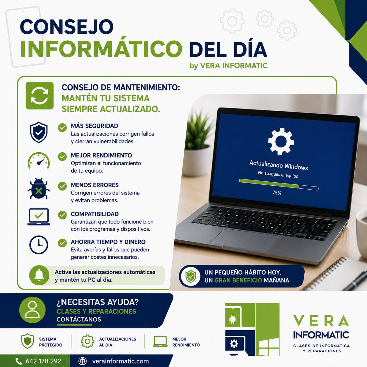 VeraInformatic's tweet photo. 🔄 ¿Actualizas tu ordenador regularmente?

✔️ Más seguridad
✔️ Mejor rendimiento
✔️ Menos errores
✔️ Mayor compatibilidad

💻 Mantener Windows actualizado ayuda a que tu PC funcione mejor y más seguro.
#VeraInformatic https://t.co/VSfCR9q4C7