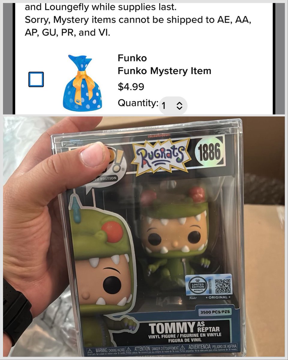 DisTrackers's tweet photo. A Funko collector received the LE 3500 Tommy as Reptar instead of one of the mystery items they had ordered! Was this a mistake or was Funko being generous? 🤔
.
Credit @dabearscollection142
#Funko #FunkoPop #Collectibles https://t.co/fVVc9yAe1c