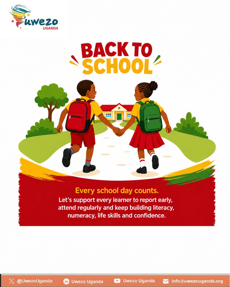UwezoUganda's tweet photo. Competences for the foundational level, life skills and values remain low; so @UwezoUganda can't rest. We also know that every school day attended counts and this why we remind you that any delay in a child’s return for the 2nd school term means-missed lessons and a harder catch-up. 

We, therefore, call upon you all to support every learner to report to school early, attend regularly and keep building literacy, numeracy, life skills, values and more.

#BackToSchool #FoundationalLearning #EducationForAll