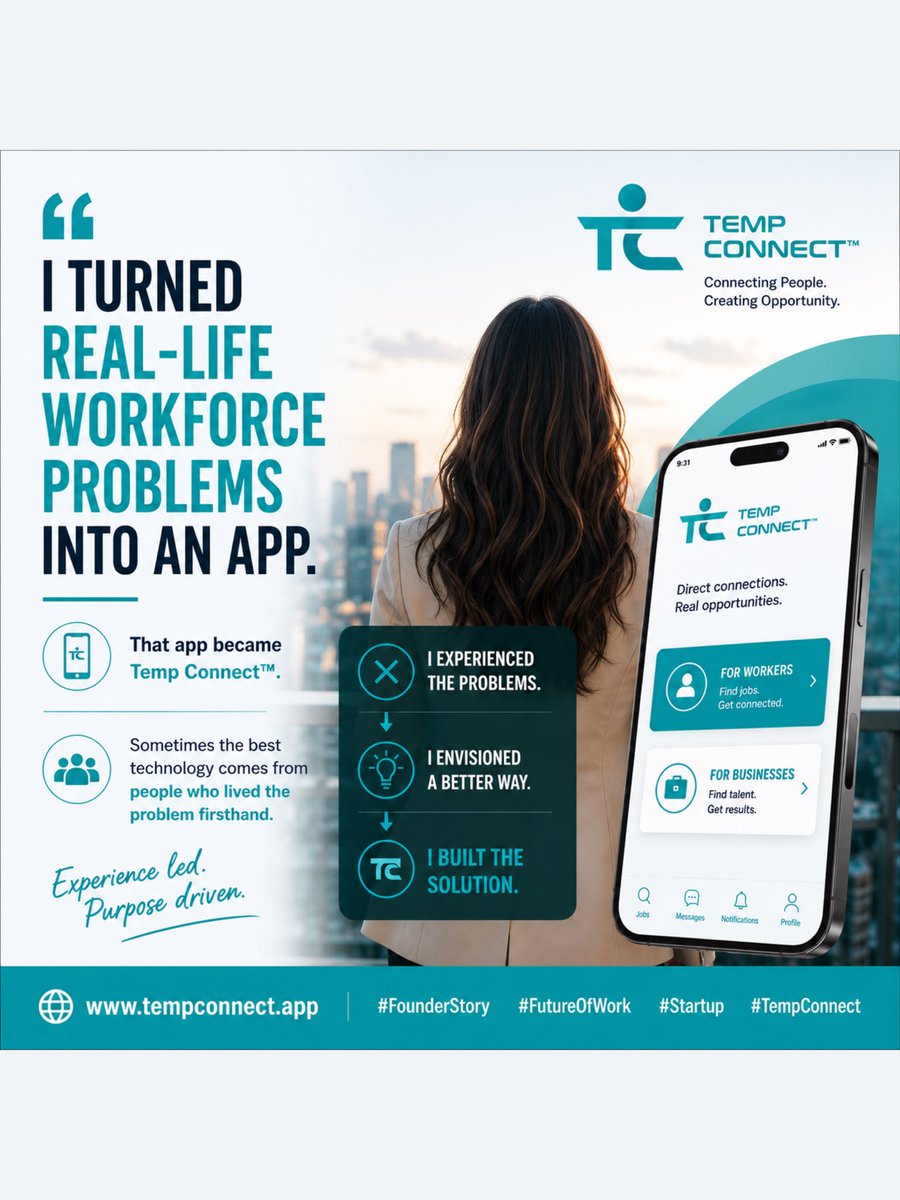 C_Smith_founder's tweet photo. I turned real-life workforce problems into an app. That app became Temp Connect™. Sometimes the best technology comes from people who have lived the problem firsthand. https://t.co/bAuibPYWDw
#FounderStory #FutureOfWork #Startup #TempConnect #Entrepreneur #Startup #Womenintech https://t.co/GAdK3ffs4v