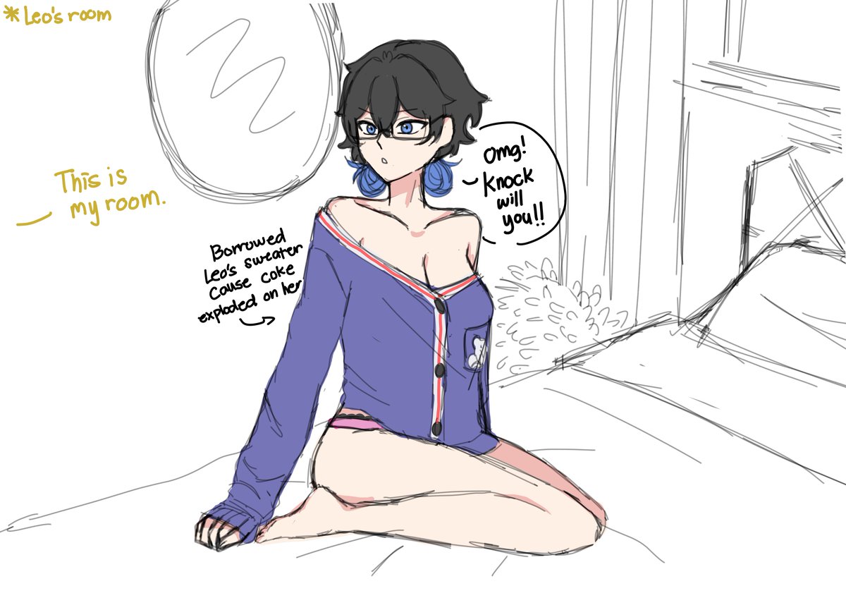 Len_Tkdb's tweet photo. ⚠️ Suggestive (?) , Skin Showing
Len in Leo's Sweater after she got drenched with Coke. She's there to gossip with Leo cause he called her to his room in the first place + she brought the snacks.
Leo and Sho do be lucky.
#tkdb_oc #tkdboc https://t.co/mTyIxw2qzw