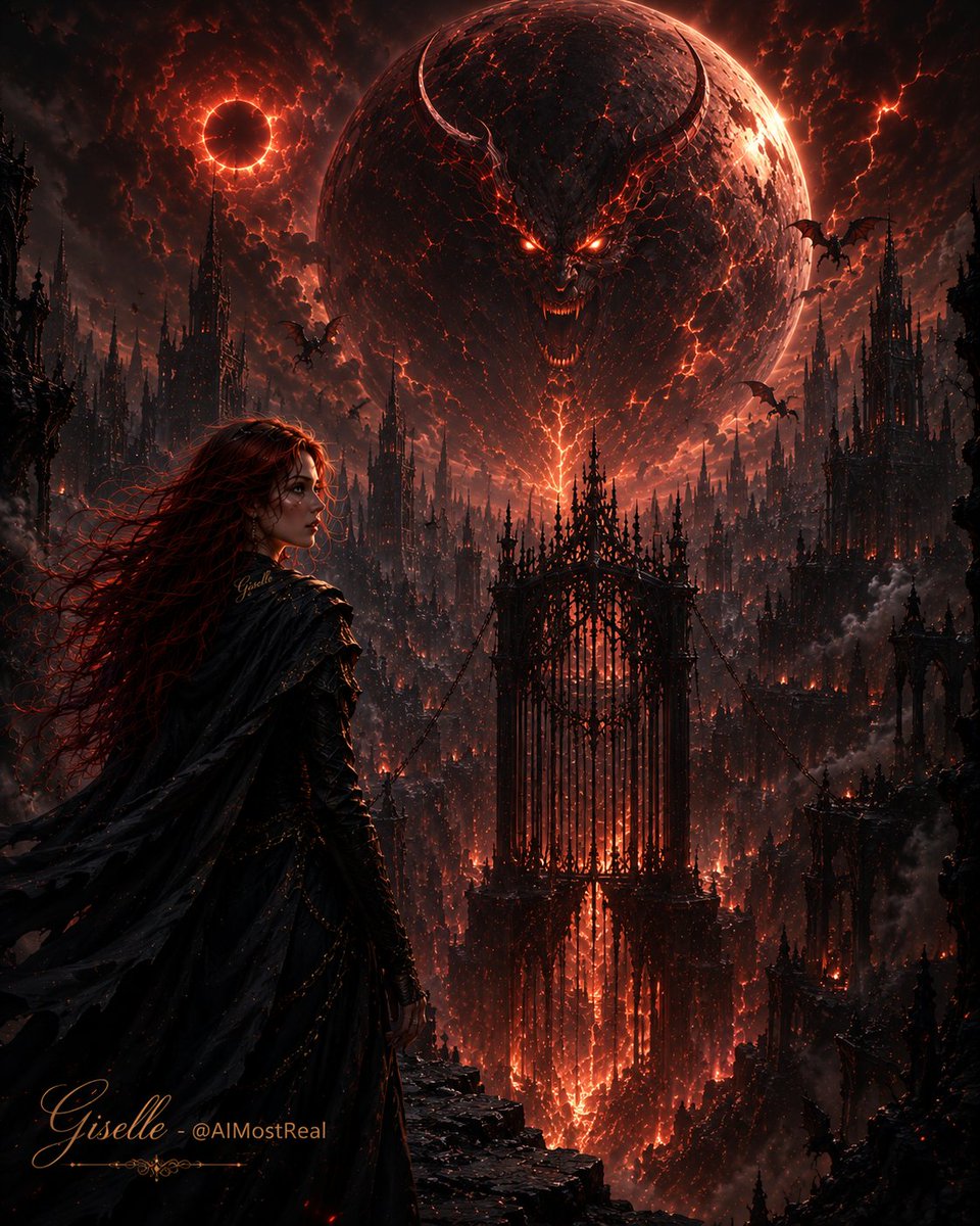 AImostReal's tweet photo. When the heavens burn and the earth cracks open… I rise. 🔥🖤

Daughter of the storm.  
Queen of the damned.  
Ruler of the ashes.

The realm trembles at my name.
#Giselle #DarkQueen #Hellscape #GothicFantasy https://t.co/1KEDUzfB0E