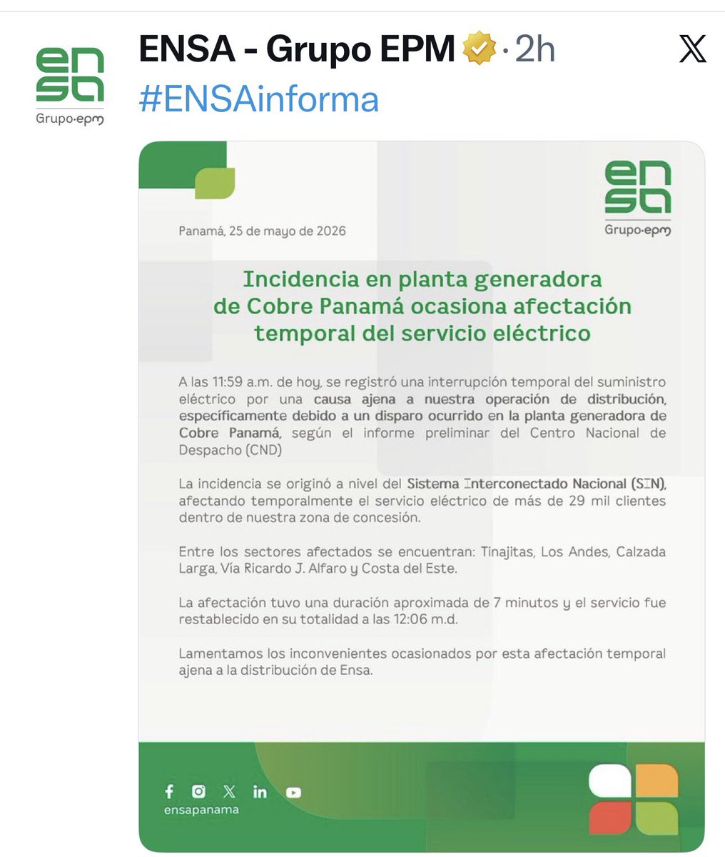 AlvaroAlvaradoC's tweet photo. Esto debe aclararse. Un evento fue a las 11:59 y el que nos tiene sin energía a muchos panameños fue a las 4:03 de la tarde. Estamos haciendo las consultas con los encargados de ETESA y la Secretaria de Energía. Un mismo país y dos versiones que tienen a la gente confundida… ah y lo peor es que ahora estamos sin luz y sin agua.