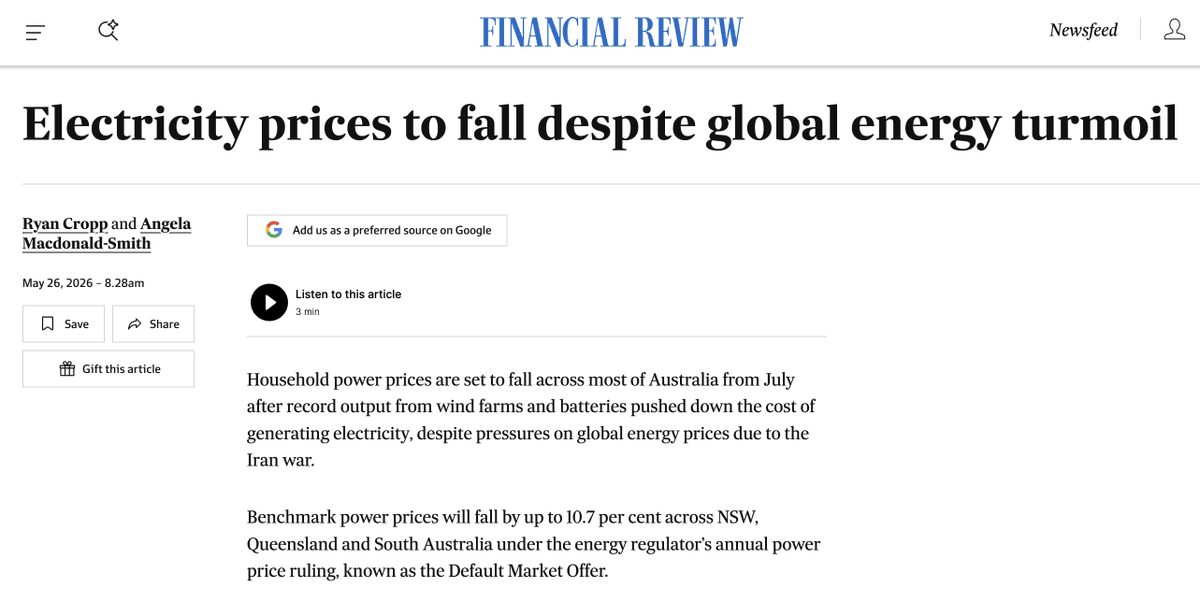MichaelWestBiz's tweet photo. Fossil chipmunks will be having conniptions today. Electricity prices to fall thx to record renewables penetration in grid https://t.co/wXgJjJMfVs