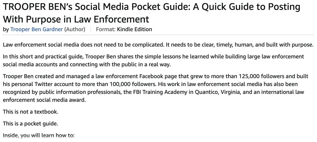 TrooperBenKs's tweet photo. I just became an author!

That still does not feel real.  
It feels CRAZY!  lol

TROOPER BEN’s Social Media Pocket Guide is now available as a Kindle eBook on Amazon.

I wrote it for anyone trying to grow a page, reach more people, and use social media with purpose.

I started with nothing fancy.
Just a phone and a belief that people connect with real people.

Over time, I helped grow a law enforcement Facebook page to more than 125,000 followers and built my personal X account to more than 100,000 followers.

This short guide shares what I learned along the way.

The Kindle eBook is available now for $7.99.
https://t.co/9fEqJd1UeH

Paperback and hardback versions should be available in the coming weeks. 

If you have ever wanted to grow your page, find your voice, or connect with people in a better way, I hope this helps.

Start where you are.
Use what you have.
Keep going.

#LESM