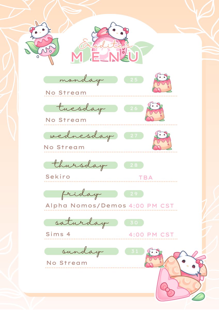 EroditeCG's tweet photo. New schedule for the week! Thursday may be swapped out with Tuesday just because I will be dealing with the DMV on Thursday... https://t.co/ztfuFirUhz