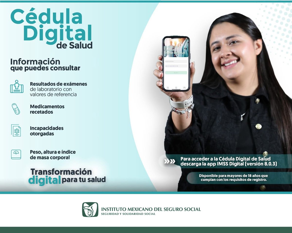 imssedomexpte's tweet photo. 📲 La Cédula Digital de Salud del #IMSS pone tu información médica en la palma de tu mano.
Con ella puedes consultar:
✅ Resultados de laboratorio
✅ Medicamentos recetados
✅ Incapacidades otorgadas y más.
Descarga la app #IMSSDigital. https://t.co/cj14rYrYpT
