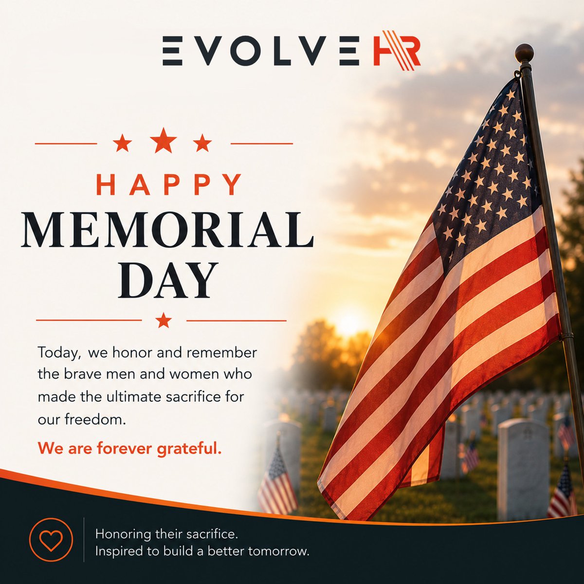 EvolveHRPEO's tweet photo. Today, we remember and honor the brave men and women who made the ultimate sacrifice in service to our country. https://t.co/W557wywOy7