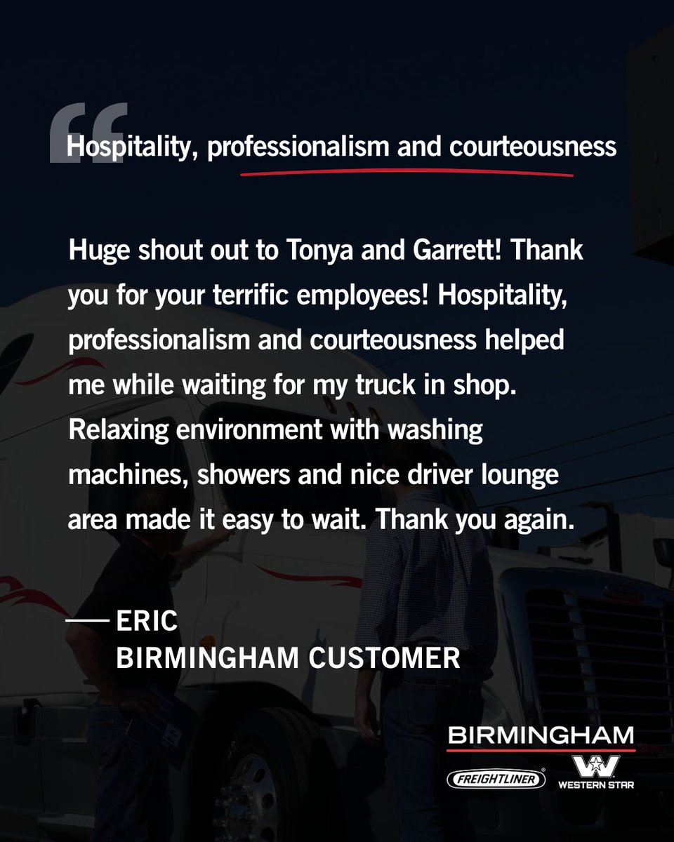 Bham_Freight's tweet photo. ⭐⭐⭐⭐⭐
 📍 Birmingham

Huge shoutout to Tonya, Garrett, and the Birmingham team for taking great care of customers while their trucks are in the shop. We appreciate the hospitality, professionalism, and attention to comfort that make a real difference during the wait. https://t.co/928XRd6bZR