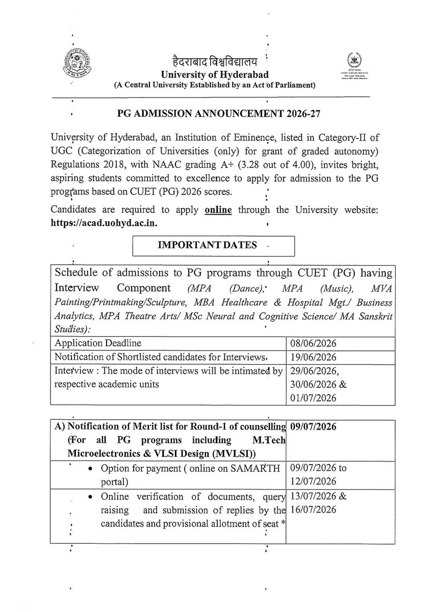 Abvpuoh's tweet photo. PG Admission Application - 2026-27 for  Hyderabad Central University has started.

ABVP - HCU🚩🚩🚩
@ABVPVoice 
@ABVPTelangana
@AbvpHyderabad 
@AyushSinghHCU @AntonyBasumata4 https://t.co/4iqCQ4gfxB
