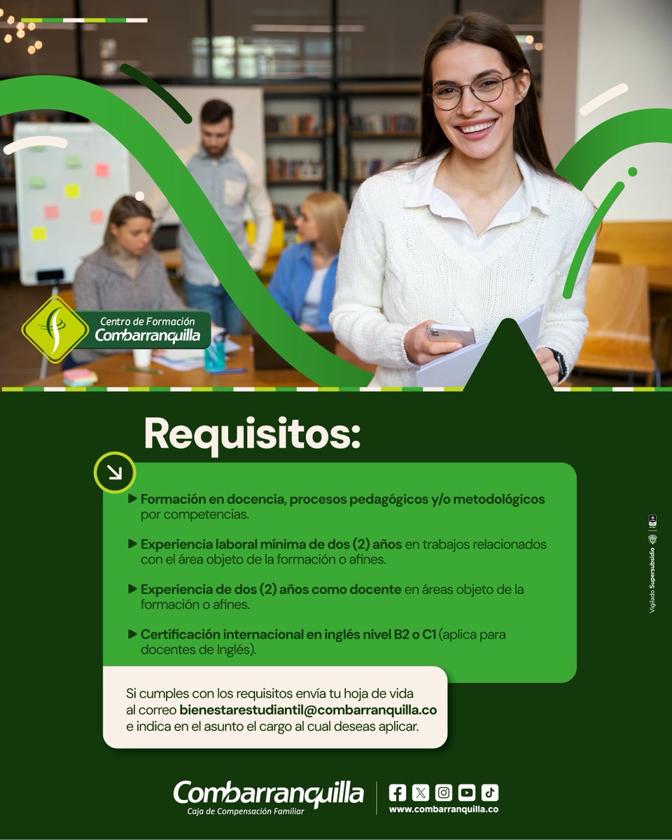 Combarranquilla's tweet photo. 💼 Convocatoria docente abierta en el Centro de Formación Combarranquilla.

Buscamos profesionales y tecnólogos en diferentes áreas. 💚

📩 Envía tu hoja de vida a:
bienestar_estudiantil@combarranquilla.co
#Combarranquilla #Empleo #ConvocatoriaDocente https://t.co/bfA44o1dZB