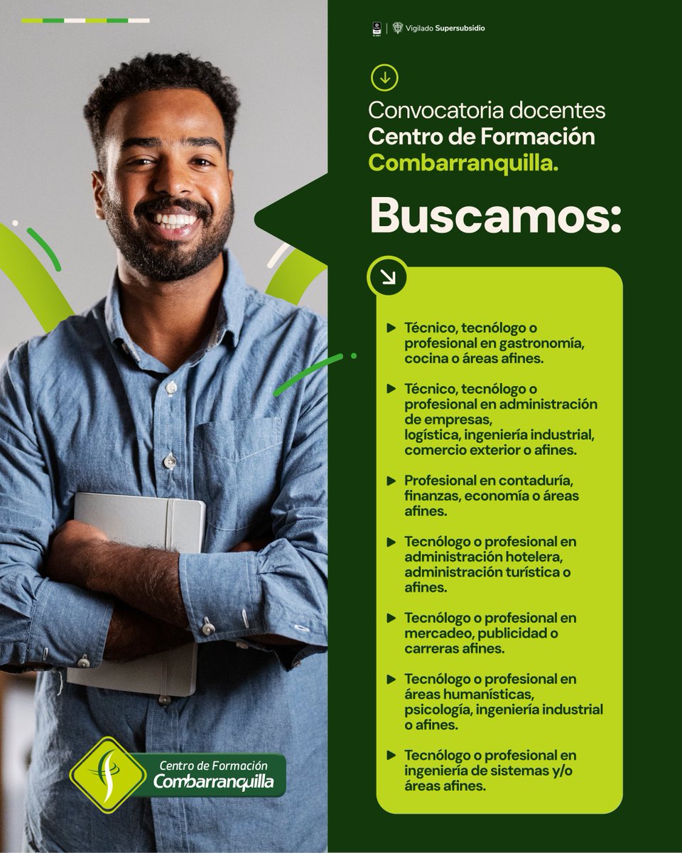 Combarranquilla's tweet photo. 💼 Convocatoria docente abierta en el Centro de Formación Combarranquilla.

Buscamos profesionales y tecnólogos en diferentes áreas. 💚

📩 Envía tu hoja de vida a:
bienestar_estudiantil@combarranquilla.co
#Combarranquilla #Empleo #ConvocatoriaDocente https://t.co/bfA44o1dZB
